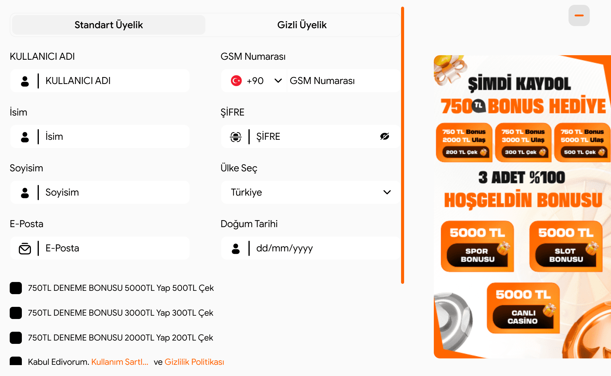 ByCasino kayıt işleminin önizlemesi 